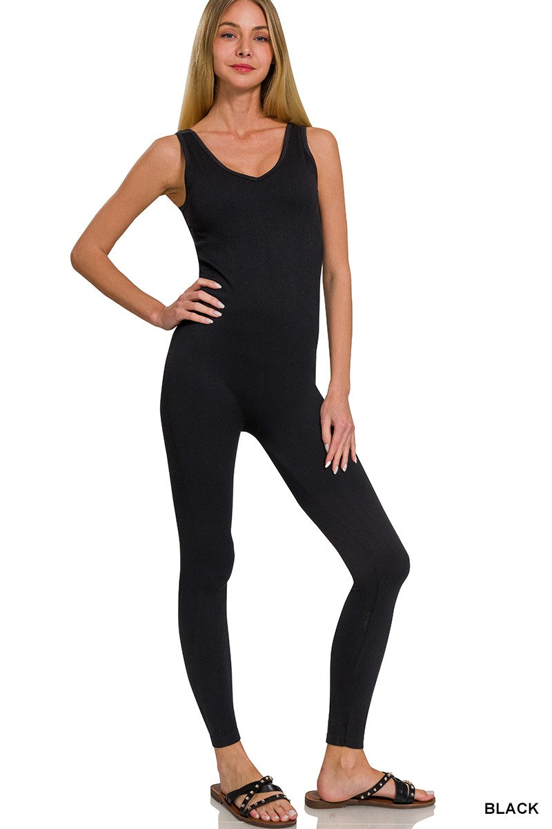 Black padded sports seamless bodysuit, sleeveless with scoop neckline and full-length legs