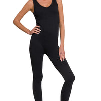 Black padded sports seamless bodysuit, sleeveless with scoop neckline and full-length legs