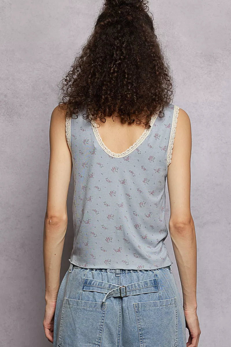 Powder blue ruched floral tank with lace-trimmed V-back and sleeveless design