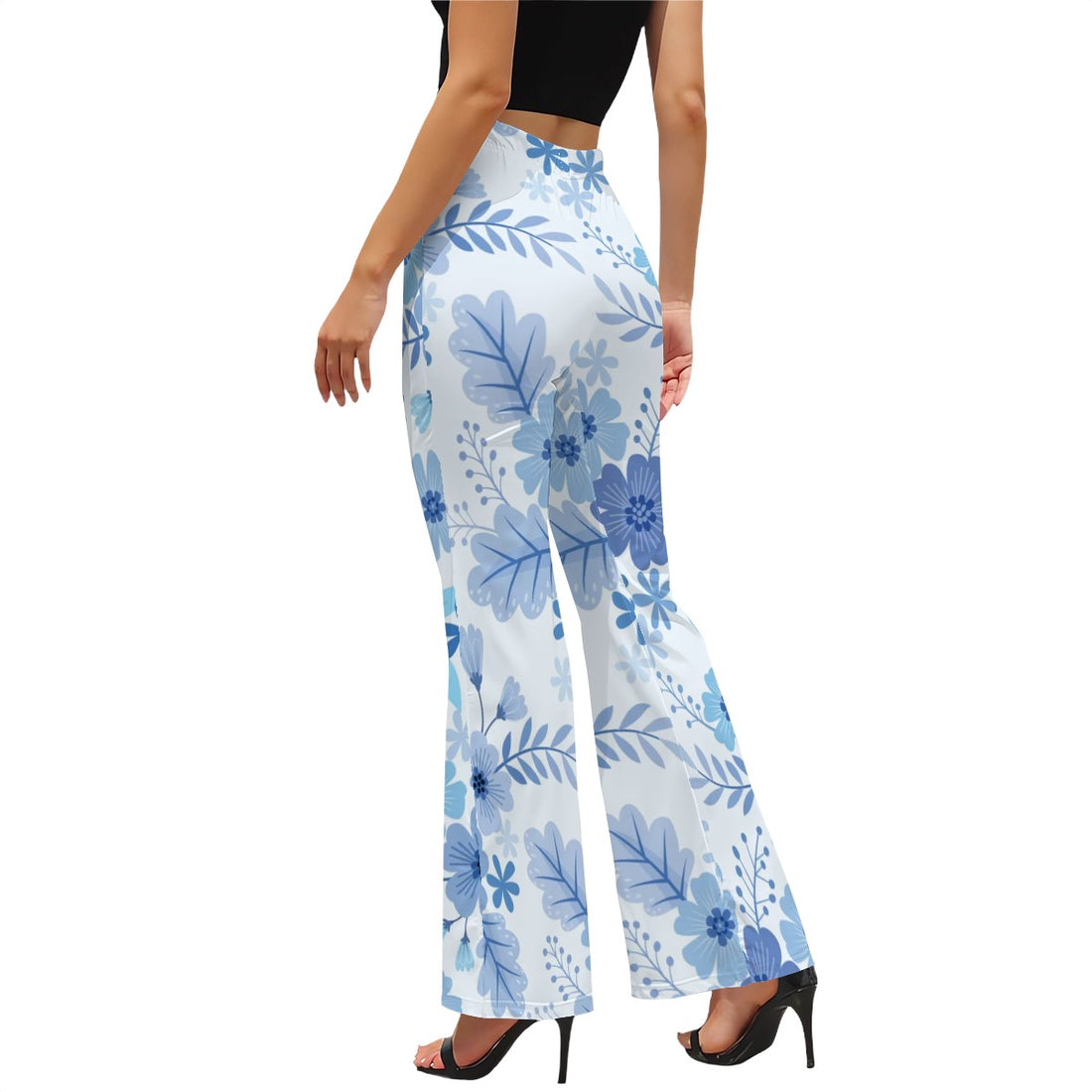 Blue Floral Print High Waist Flared Pants Women’s Botanical Summer Trousers