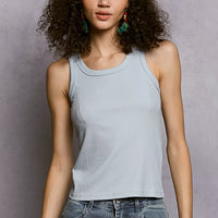 Powder blue ribbed round-neck tank top, sleeveless with slim fit