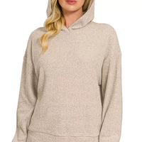 Brushed ribbed hacci hoodie pullover in heather mocha with front kangaroo pocket