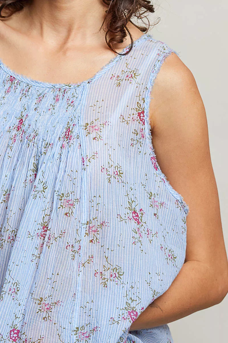 Blue floral pleated cotton sleeveless top, round neck detail