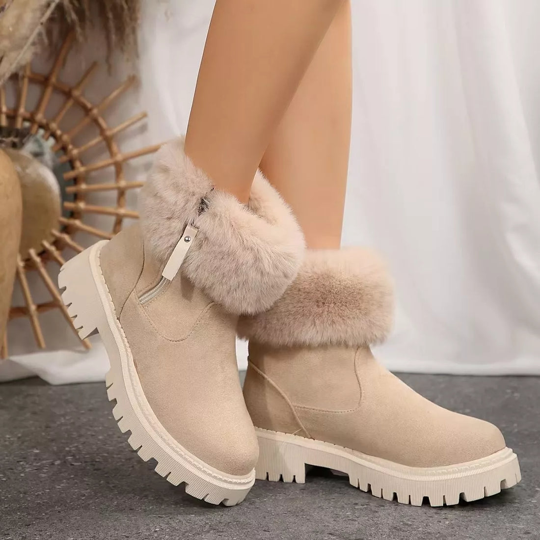 Off-white faux fur lined side-zip chunky platform ankle boots with ridged sole