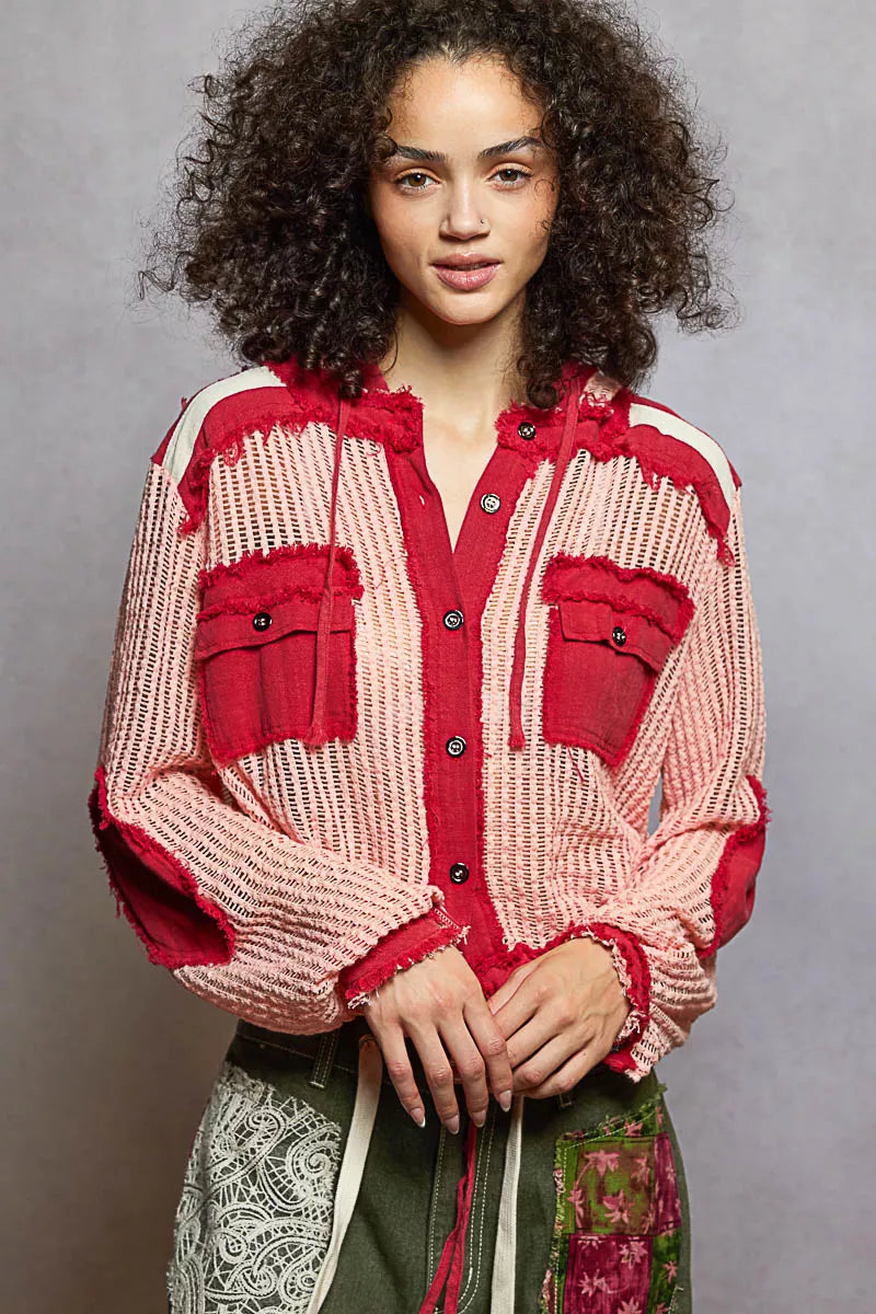 Hooded woven button-down shirt in blush red stripe, chest pockets, drawstring hem