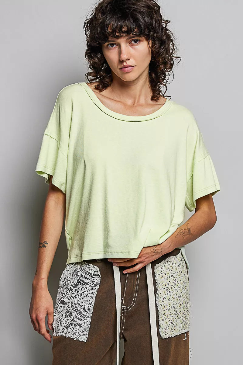 Mint green round-neck short-sleeve T-shirt with high-low hem, relaxed drape