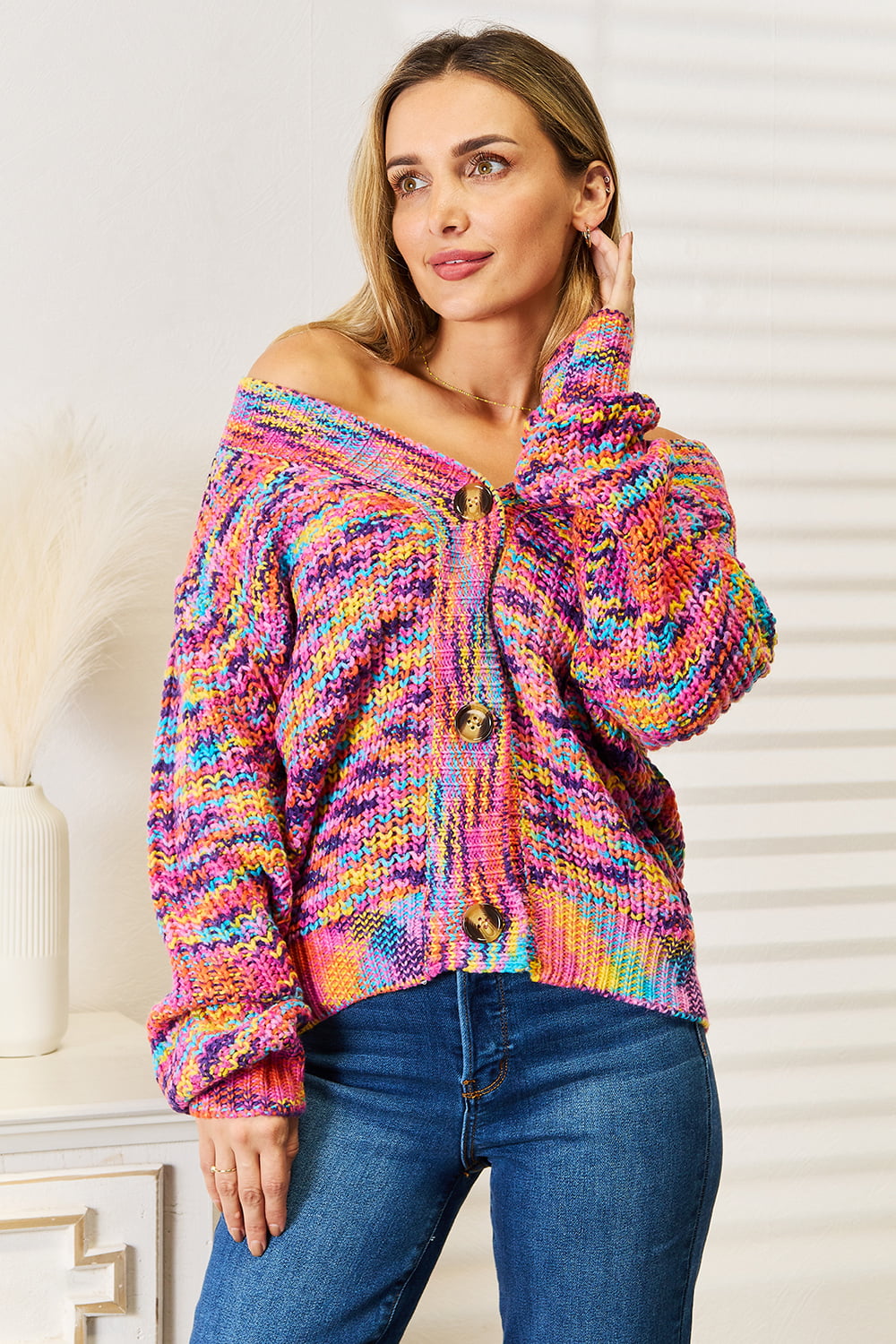Multicolor v-neck long-sleeve knit cardigan with button-front and textured pattern