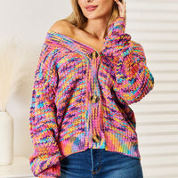 Multicolor v-neck long-sleeve knit cardigan with button-front and textured pattern