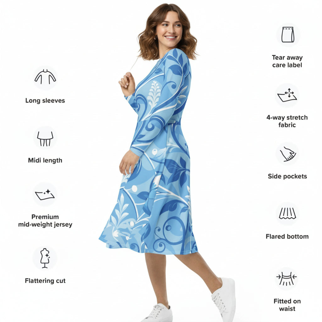 Cobalt Swirl Blue Floral Dress | Light Blue White Midi