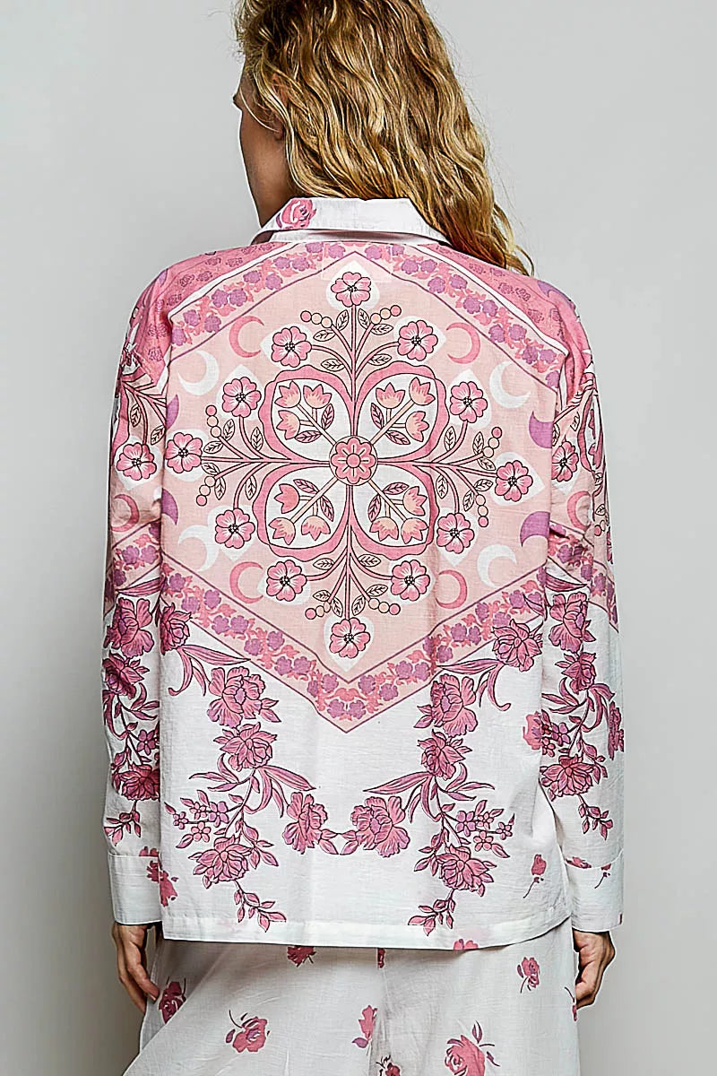 Floral button-down shirt with large pink medallion print on ivory, back view