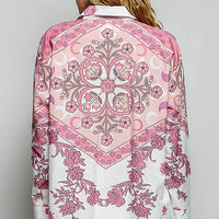 Floral button-down shirt with large pink medallion print on ivory, back view