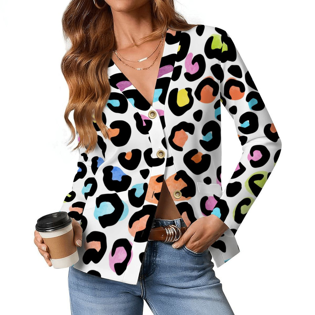 Leopard Print Cardigan Womens White Multi Color Lightweight V Neck Sweater