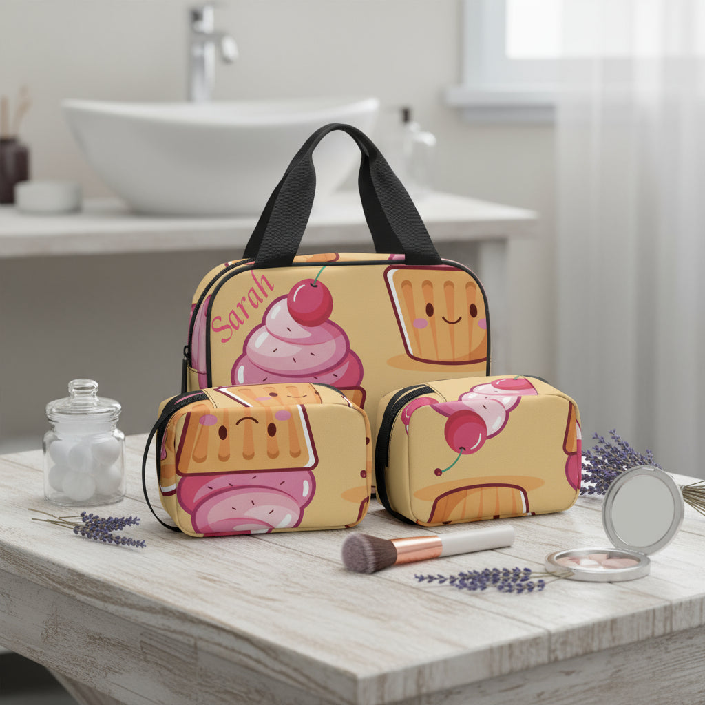3 Piece Makeup Bag Set | Personalized Yellow Cupcake Print