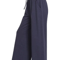 Navy wide-leg sweatpants with adjustable drawstring waist, side view