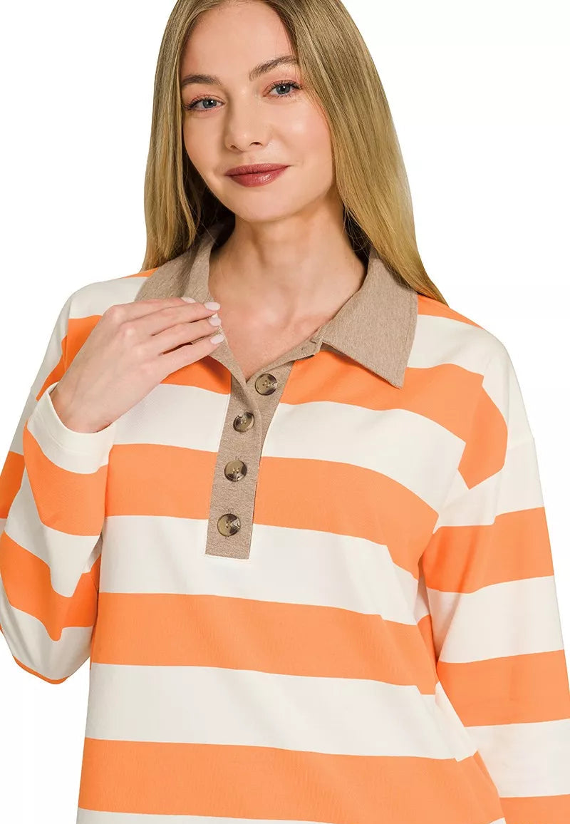 Orange and white striped long-sleeve polo top, taupe collar with front buttons