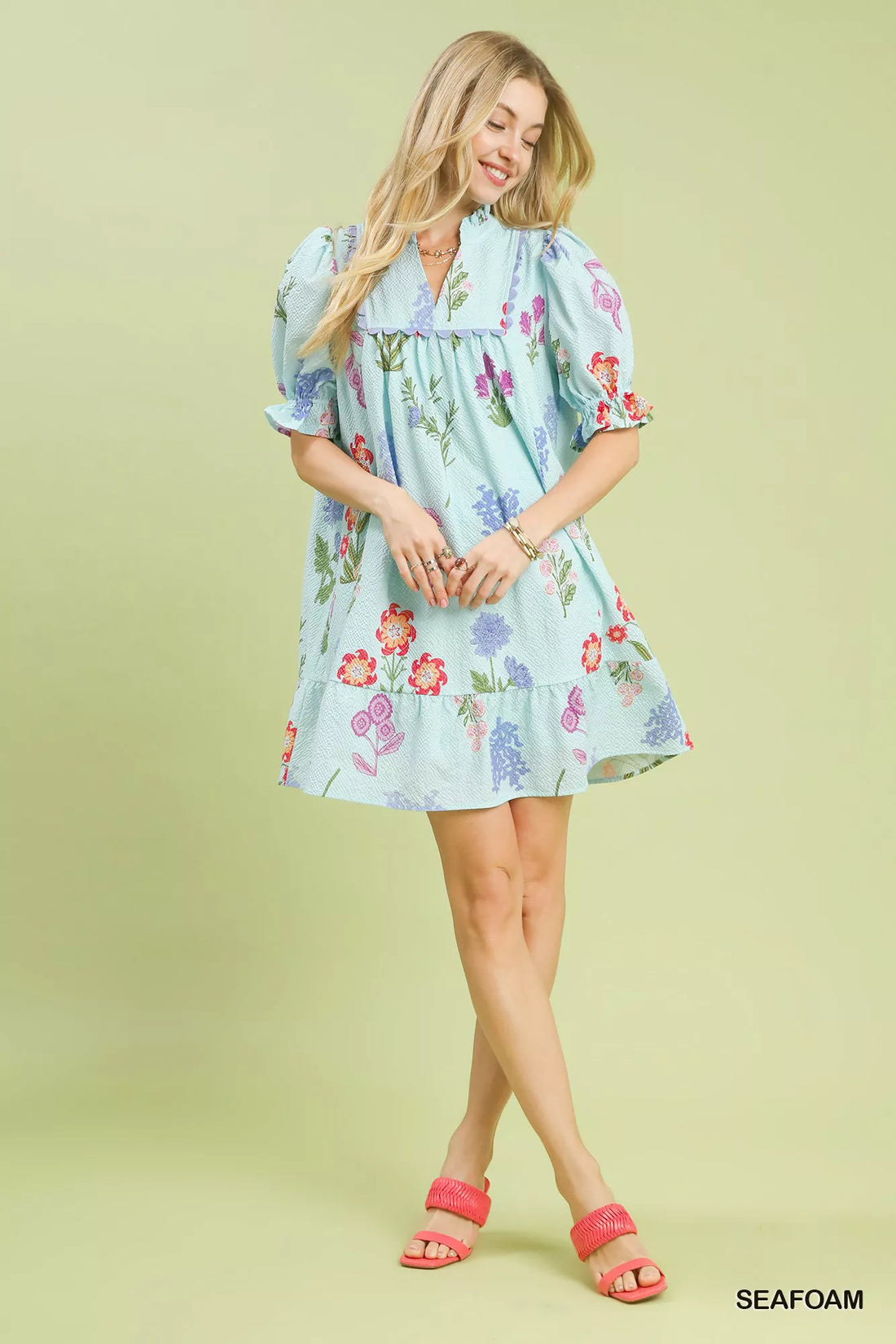 Seafoam blue multi-floral V-neck dress with puff sleeves and above-knee skirt