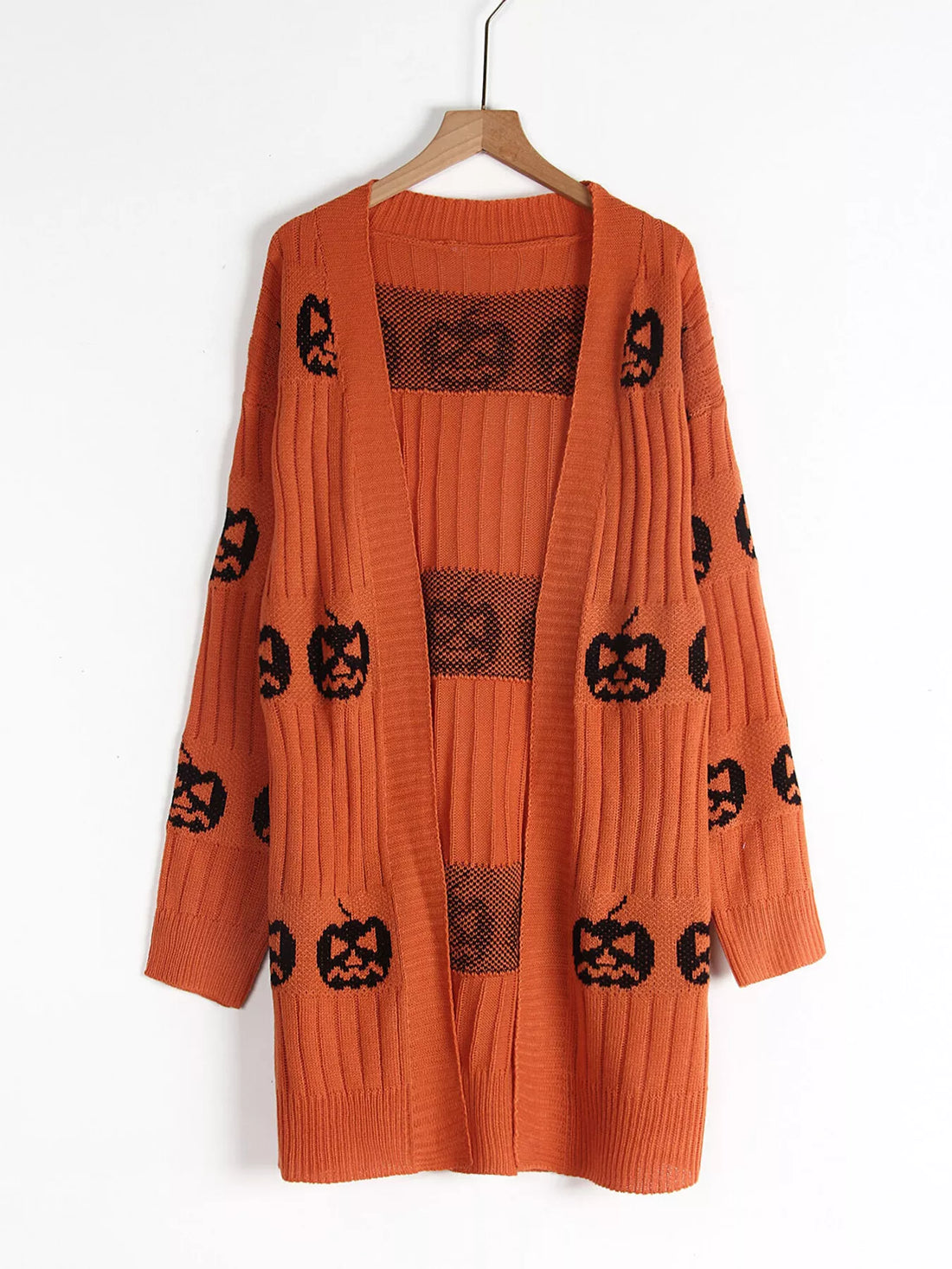 Orange open-front knit cardigan with black pumpkin jack-o&