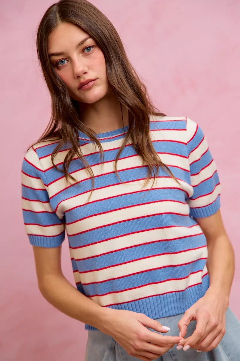 Striped knit crew neck short-sleeve sweater top, blue base with red and white lines