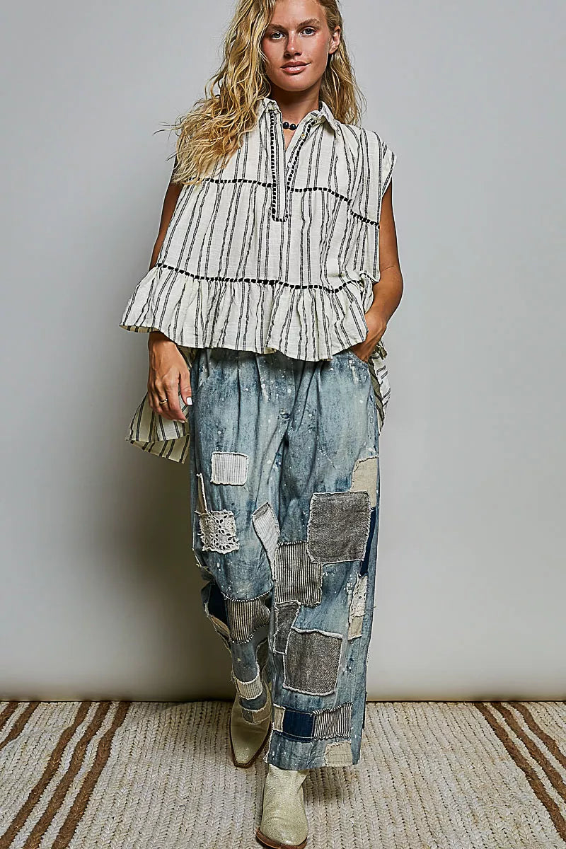 Grey multi-striped sleeveless cotton top with tiered ruffle hem and short button placket