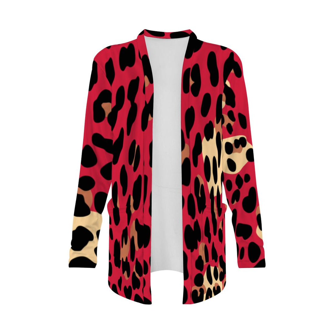 Red Leopard Print Open-Front Cardigan with Pockets