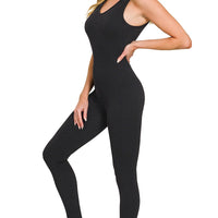 Black padded sports seamless bodysuit, scoop backless look with fitted full-length legs