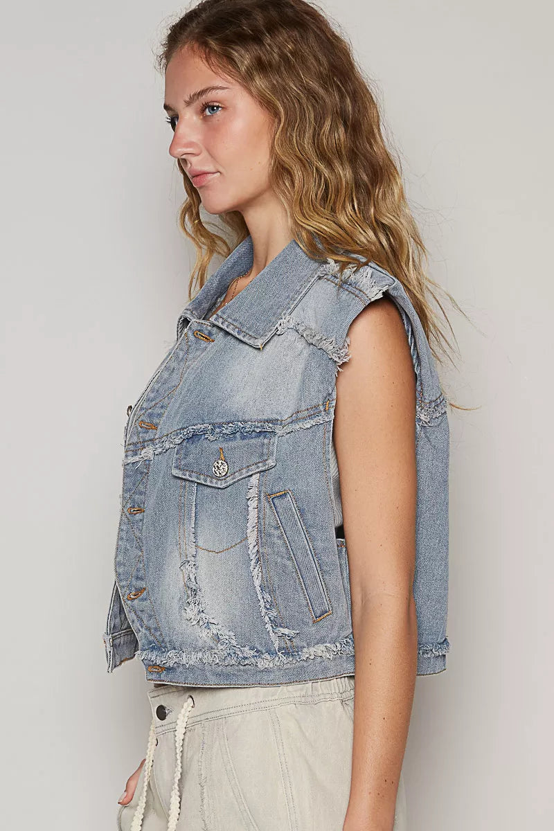 Light wash denim vest with shoulder fray, asymmetrical button front, side flap pocket