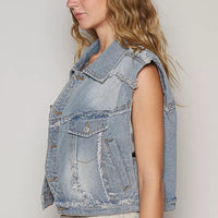 Light wash denim vest with shoulder fray, asymmetrical button front, side flap pocket