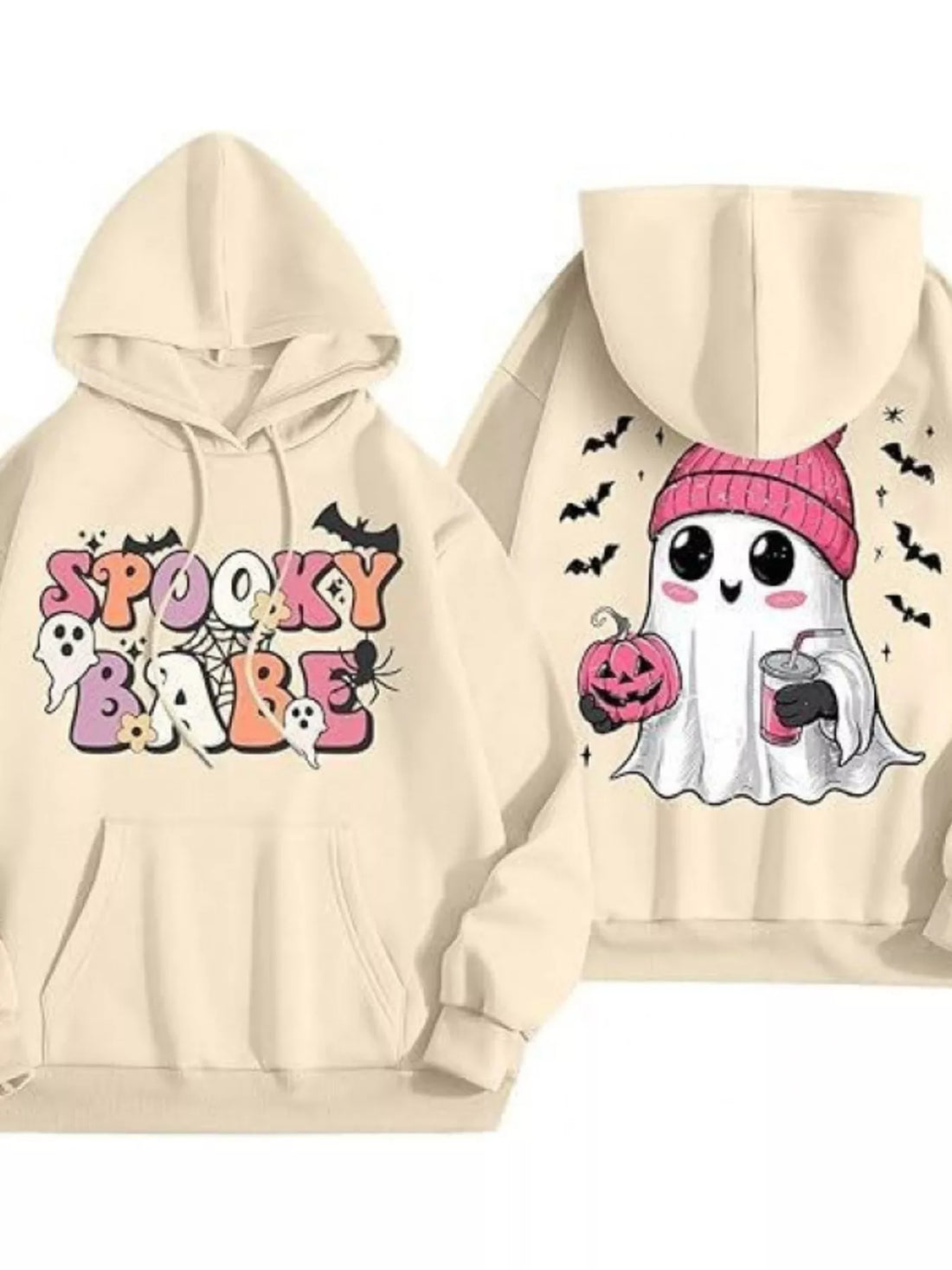 Plus-size Halloween graphic long-sleeve hoodie in pastel yellow with Spooky Baby front print