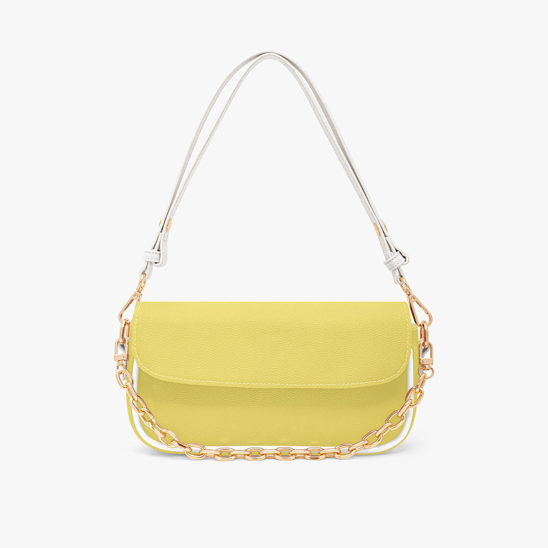 Yellow leather shoulder bag with front flap, gold chain strap, and white top handles.