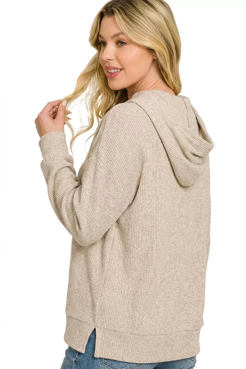 Brushed ribbed hacci hoodie pullover in heather mocha with adjustable hood and cuffs