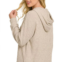 Brushed ribbed hacci hoodie pullover in heather mocha with adjustable hood and cuffs