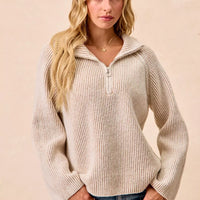 Two-tone rib knit zip-collar top, taupe and cream, long sleeves