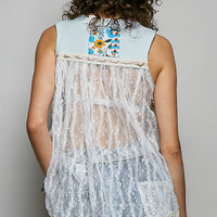 Light blue sheer V-neck lace-trim tank, floral back yoke detail.