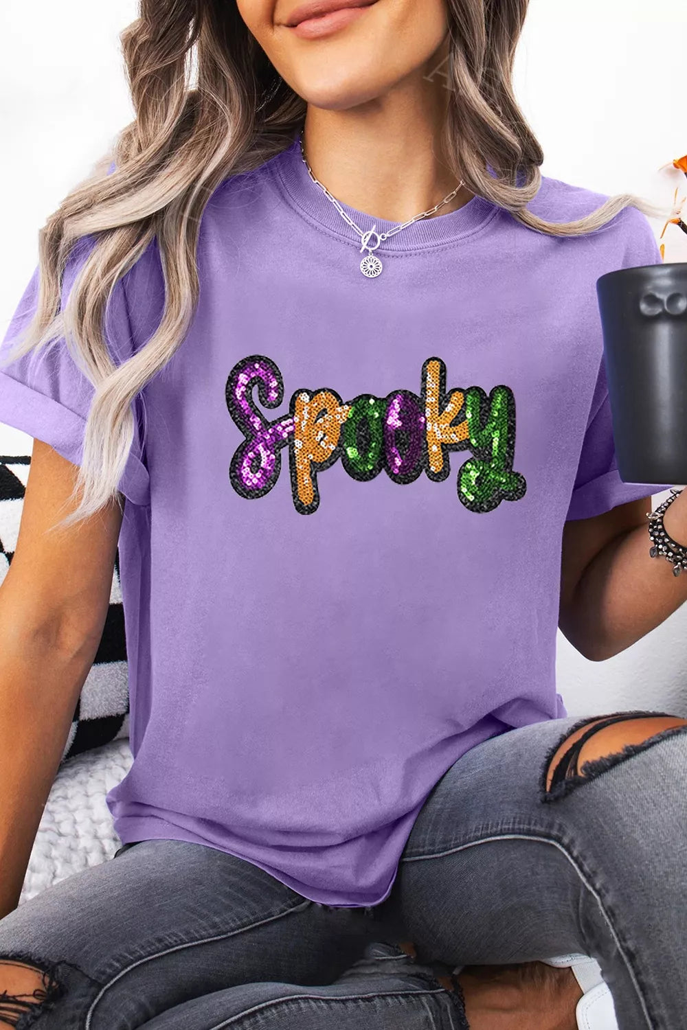 Lavender cotton T-shirt with sequined &