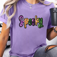 Lavender cotton T-shirt with sequined 'Spooky' chest graphic and crew neckline