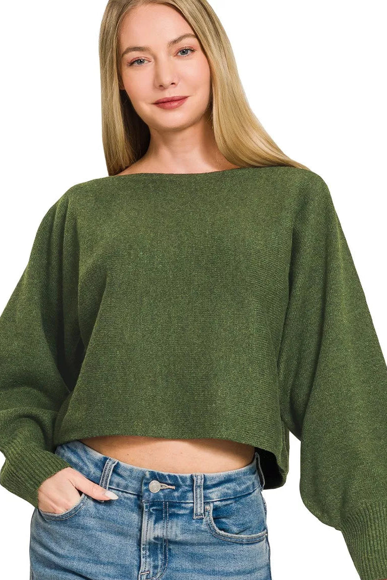 Dark olive boat-neck knit sweater with wide balloon sleeves and cropped waist