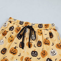 Pumpkin-print lounge set shorts with elastic waist, drawstring, jack-o-lantern pattern