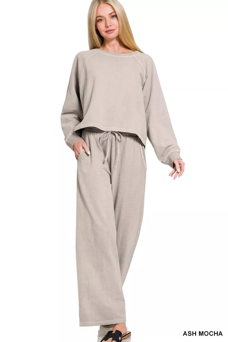 Washed terry pullover and wide-leg pants set, ash mocha, round neck, drawstring waist
