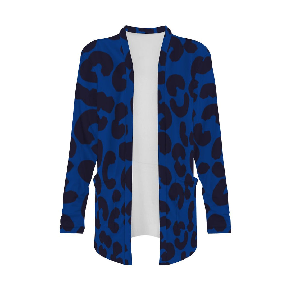 Blue Leopard Print Open-Front Cardigan with Pockets