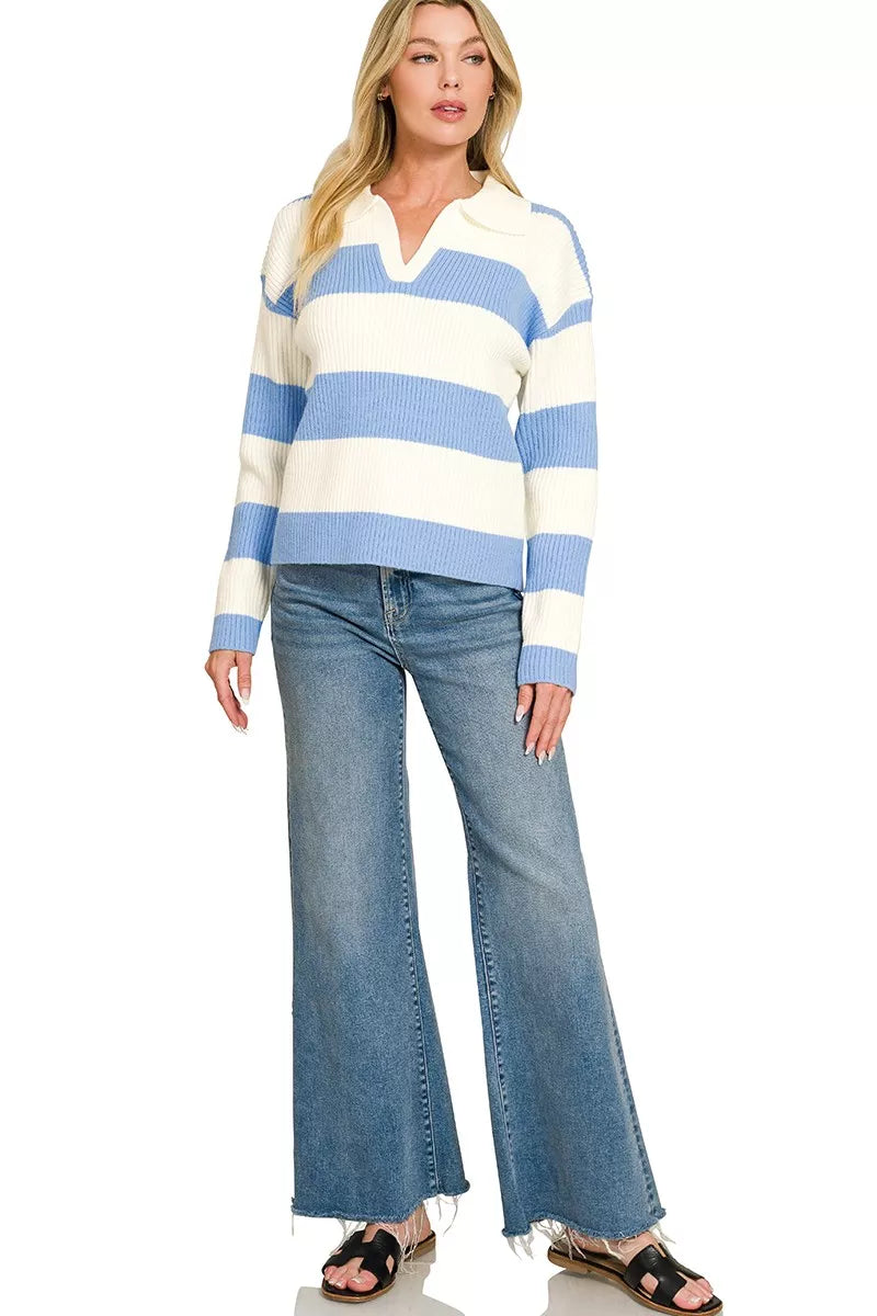 Blue and ivory striped collared sweater with long sleeves and V-neck