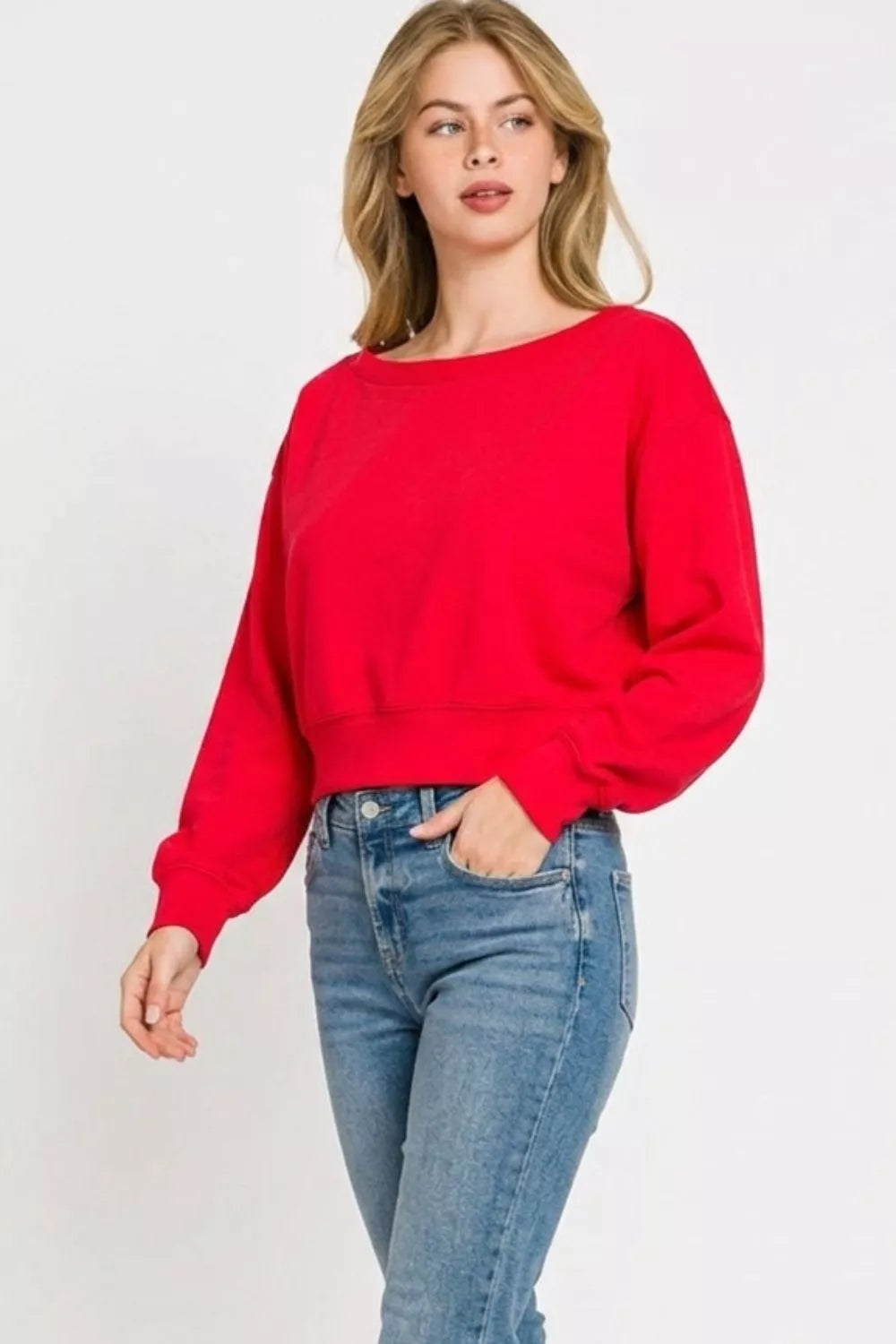 Ruby red cropped pullover sweatshirt with boat neck and relaxed long sleeves
