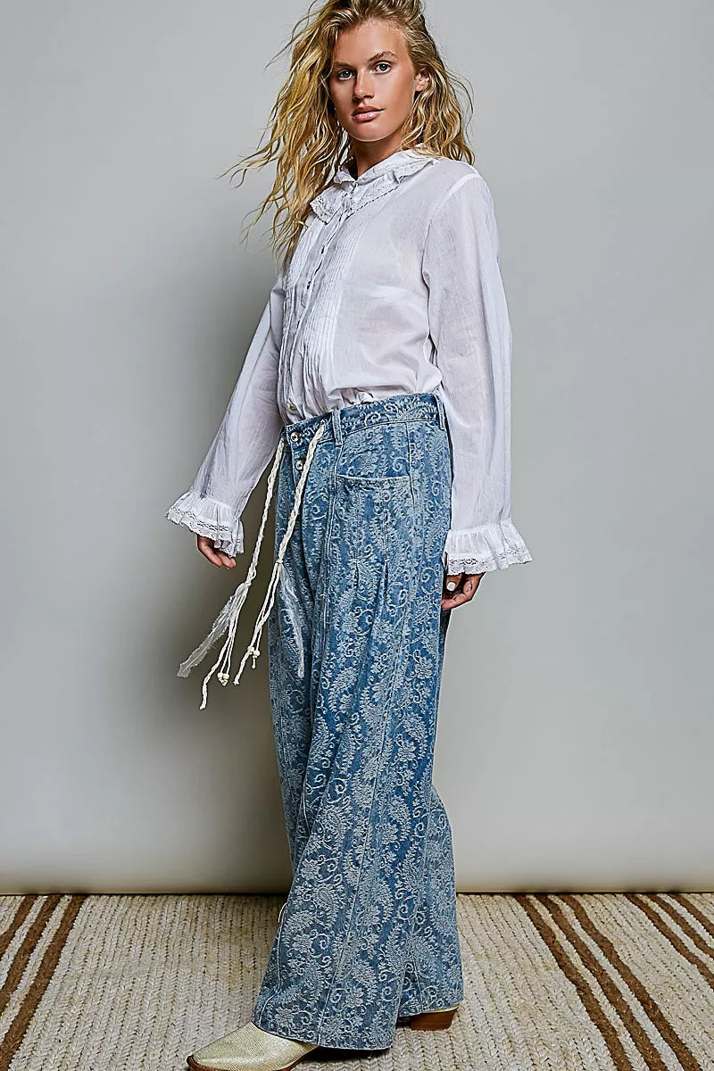 Ivory button-down shirt with lace cuff ruffles and pintuck front placket