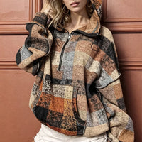 Patchwork plaid fleece half-zip hoodie with hood, kangaroo pocket, long sleeves