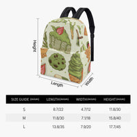 Kids canvas backpack with green food print, showing length and width