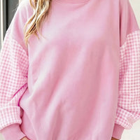 Blush pink loose tunic sweatshirt with plaid check contrast sleeves