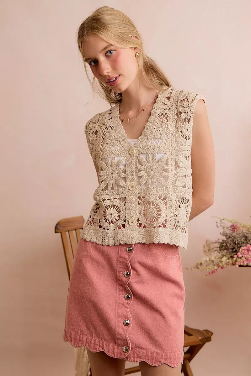 Natural crochet sleeveless vest top with V-neck and button front, patchwork floral circles