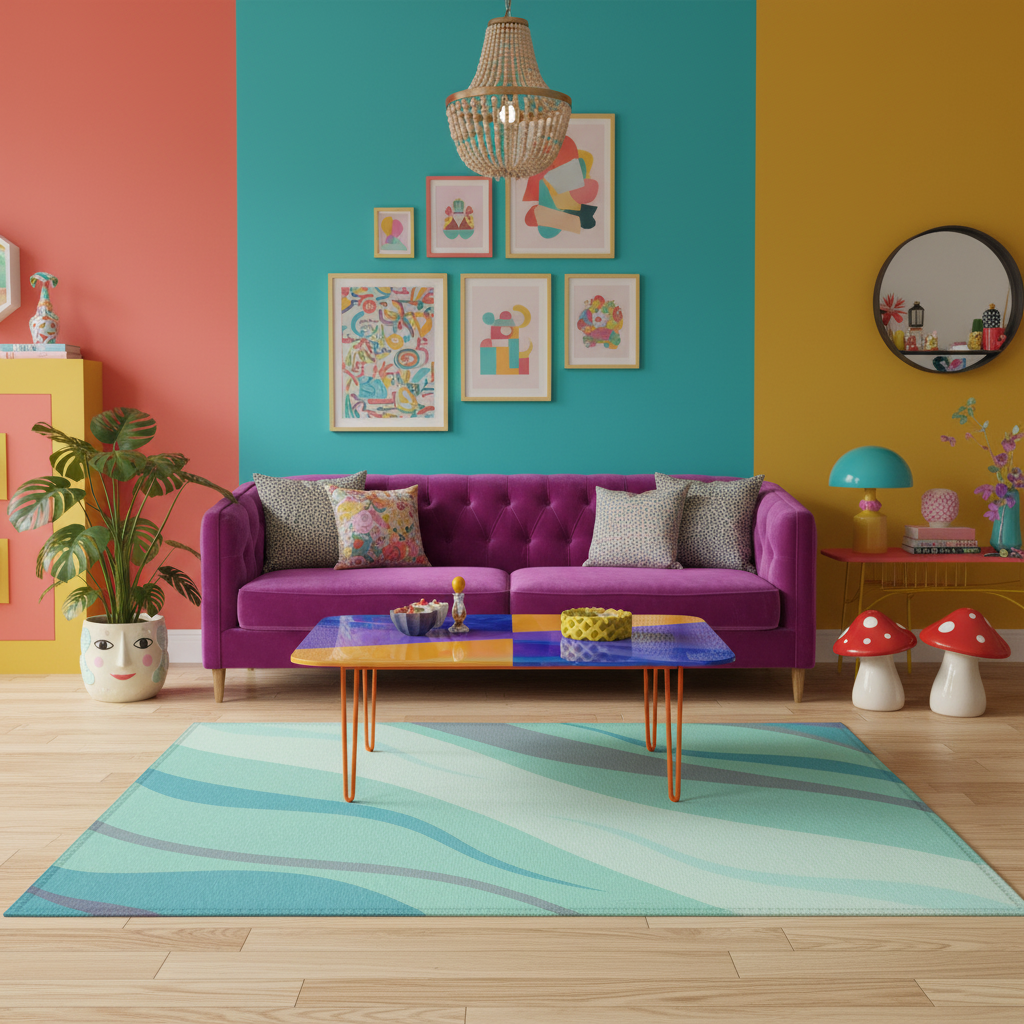 Rectangular light blue rug with wavy lines in sage green, wide border style