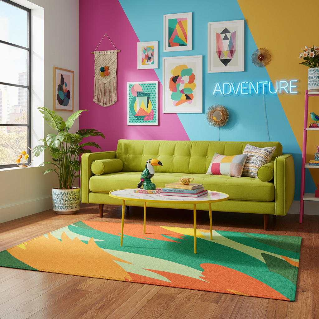 Abstract geometric rug in orange, green, and teal with bold leaf-like patterns