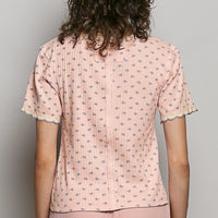 Soft pink floral short-sleeve T-shirt with lace-trim details, back view
