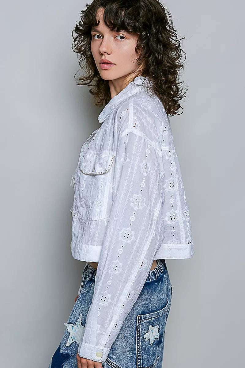 Off white eyelet cropped button-front jacket, long sleeves with flap chest pockets